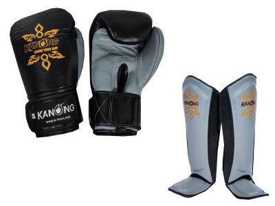 Kanong Muay Thai-handschoenen + Scheenbeschermers van echt leer : Zwart/Grijs